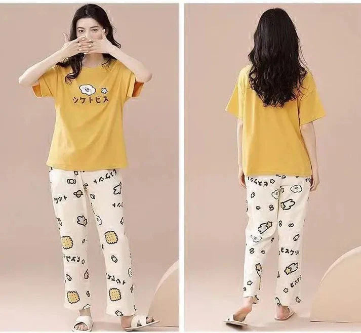 BAMS Cotton Printed Pajama Suit Yellow