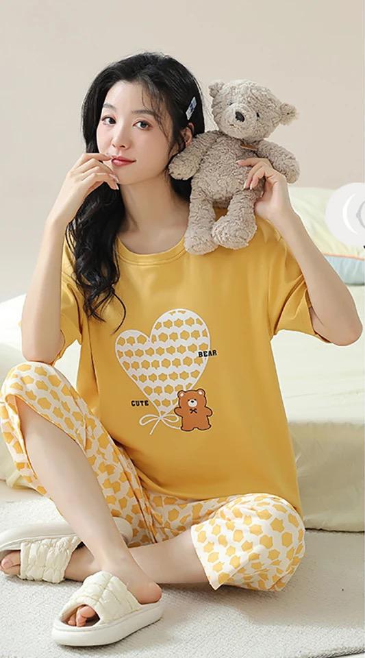 BAMS Cotton Printed Heart Pajama Suit Yellow