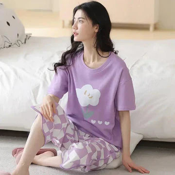 BAMS Cotton Printed Purplish Pajama Suit