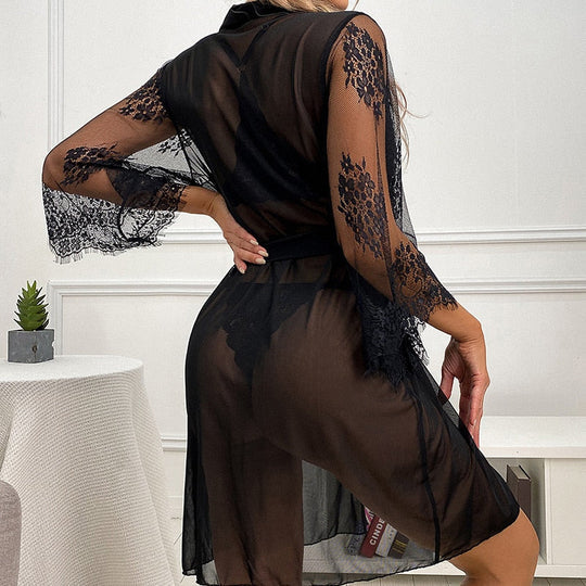 Vougez - Sexy Black Women Embroidered Nightgown Set