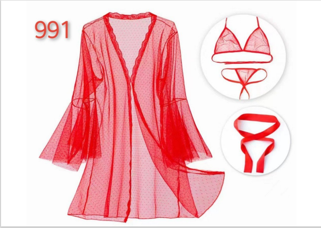 Vougez - Spark Dots 3pcs Transparent Hot Red Nightgown