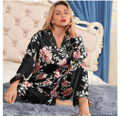 Vougez - Galaxy Floral Printed Pajama Suit Night Black