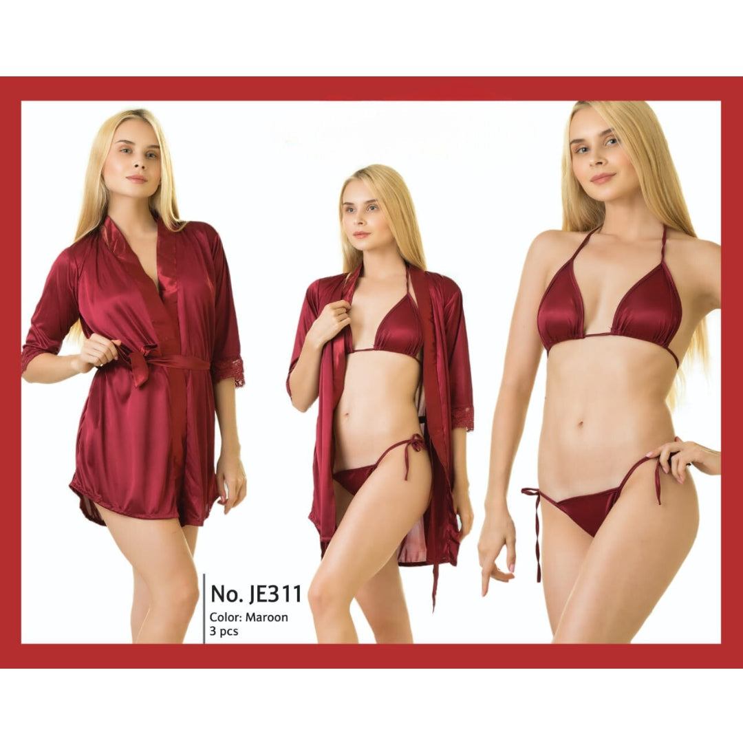 Vougez  - Silk Robe with Bra and Panty