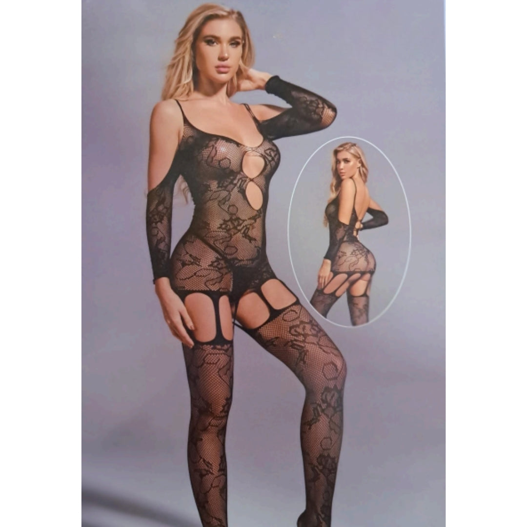 Vougez - Halter Embroidered flowers Full Body Stocking