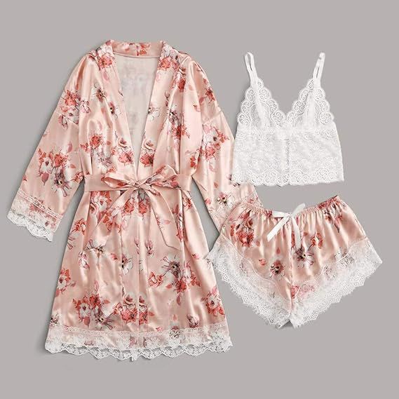 Vougez - Lily Floral Silk 3pcs Nightgown set